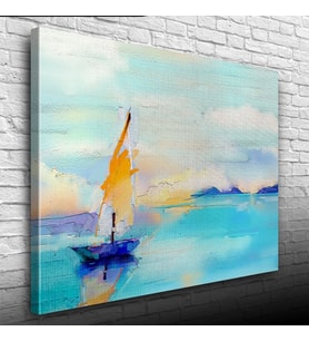 Gündoğumun `da Deniz ve Yelkenli Yağlıboya Kanvas Tablo 50 x 70