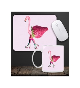 Baskılı Kupa & Pembe Çilekli Flamingo Motifli Mouse Pad 23x19cm Fare Altlığı Kaydırmaz Taban De586 O