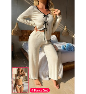 Kadın Beyaz Fiyonklu İç Çamaşırı ve Uzun Kollu V Yaka Pijama Takımı 4'lü Set