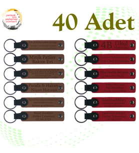 A Kahve & Kırmızı, Şirket Yıl Dönümü Kutlamalarına Hediye, 40’lı Set, İsimli Anlamlı Deri Anahtarlık