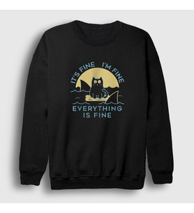 Presmono Unisex Siyah Everything Is Fine Cat Kedili Sweatshirt 447331tt