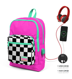 Coral High Kids Neon Pembe Dama Desenli Dört Bölmeli USB Şarjlı Kulaklık Çıkışlı Okul Sırt Çantası 23801