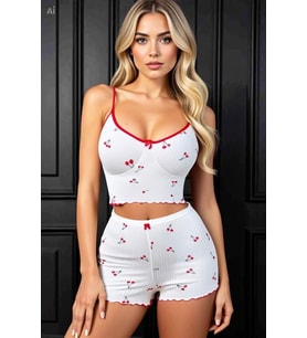 Mulvxbrf Brf02 Kadın Vişne Motifli Dantel Askılı Şortlu Rahat Pijama Takımı (Mulvix)
