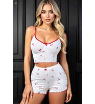 Mulvxbrf Brf02 Kadın Vişne Motifli Dantel Askılı Şortlu Rahat Pijama Takımı (Mulvix)