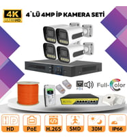 4'lü Güvenlik IP Kamera Seti - 4MP Dış Mekan Kamera, 3.6mm Lens, H.265, PoE, Warm Led Gece Görüşlü (Beyaz)