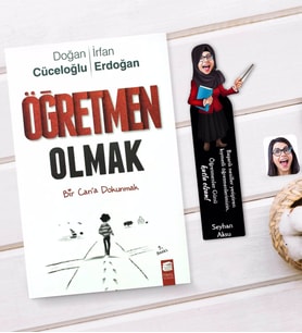 BK Gift Kişiye Özel Tesettürlü Kadın Öğretmen Karikatürlü Ahşap Kitap Ayracı Ve Öğretmen Olmak Kitabı Hediye Seti-3
