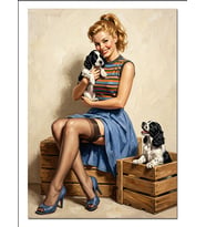 Köpek Tutan Sarışın Pin Up Kadın Dekoratif Kanvas - Mdf Ahşap Tablo