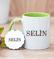 Kişiye Özel Çiçek Harf Tasarım İsim Yazılı Yeşil Kupa Bardak ve Anahtarlık