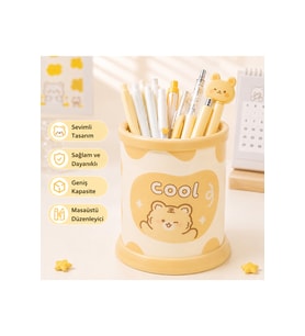 Sevimli Sarı Teddy Ayıcık Desenli Geniş Kapasiteli Masaüstü Kalemlik