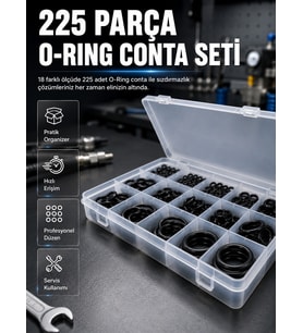 225 Parça O-Ring Conta Seti 18 Farklı Ölçü Kauçuk Sızdırmazlık Conta Organizer Kutulu