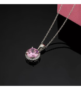 Gümüş Pazarım Pembe Zirkon Yuvarlak Kesim Gümüş Kolye