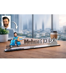 Kişiye Özel Kurye Karikatürlü 30 cm Ayna Pleksi Masaüstü İsimlik - Kurye Hediyesi Yeni İş ve Meslek Hediyesi