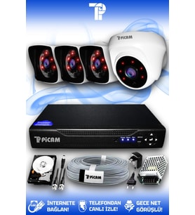 PICAM 4 Kameralı Kare 1 İç Kamera Set 250 GB HDD Full HD Gece Görüşlü Güvenlik Kamerası Sistemi