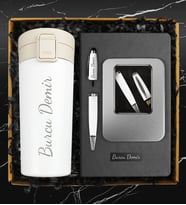 400 ML Çelik Beyaz Termos & 32 GB Kişiye Özel Kutulu Usb Kalem & Kişiye Özel Defter Hediye Seti