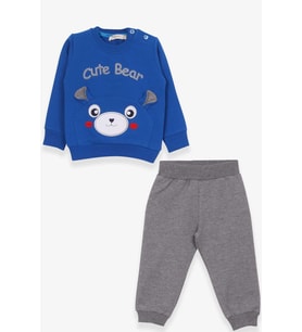 Breeze Erkek Bebek Eşofman Takımı Ayıcıklı Nakışlı 9 Ay-3 Yaş, Saks Mavisi