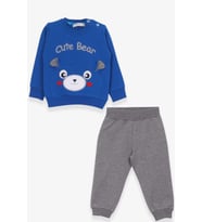 Breeze Erkek Bebek Eşofman Takımı Ayıcıklı Nakışlı 9 Ay-3 Yaş, Saks Mavisi