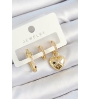 Pirinç Zirkon Taşlı Kalp Model Gold Renk 3'lü Çift Kadın Küpe Set TJ-BKP10822