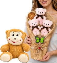 Sevimli Peluş Maymunlu ve Büyük Boy Peluş Ayıcık Buketli Muhteşem Hediye Seti