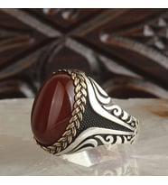 925 Ayar Gümüş Bordo Akik Taşlı Erkek Yüzük