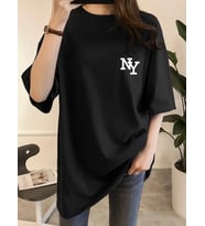 Kadın T-shirt Bisiklet yaka NY Baskılı kısa kol Tişört - Siyah