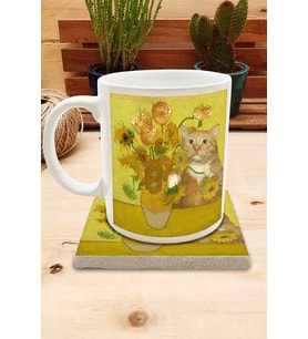 Kediler ve Sanat/Van Gogh Set 8 - Vase with Fifteen Sunflowers (Onbeş Ayçiçekli Vazo) Standart Kupa-Taş Bardak Altlığı 10
