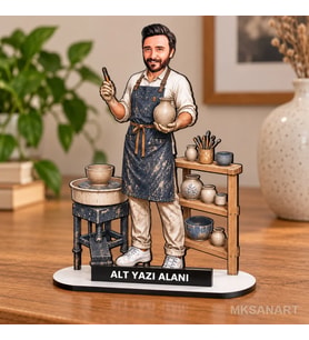 Kişiye Özel Erkek Seramik Ustası Karikatürlü 18 cm MDF Masaüstü Biblo - Erkek Seramik Ustası Hediyesi Yeni İş ve Meslek Hediyesi