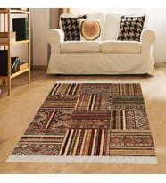 Kilim Desenli Etnik Dijital Baskı Yıkanabilir Kaymaz Taban Eskitme Salon Halı ve Yolluk (Kahverengi)