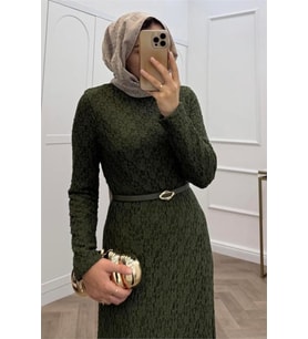 kadın yeşil dantel kumaş maxi boy tesettür elbise