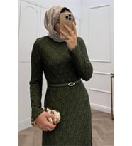 kadın yeşil dantel kumaş maxi boy tesettür elbise