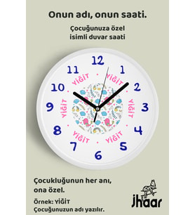 İsme Özel Kuş ve Gökkuşağı Desenli Çocuk Odası Duvar Saati Orta Boy 30 cm Beyaz Camlı Sessiz