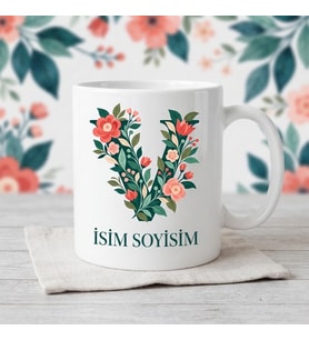 Kişiye Özel Baş Harf ve İsim Yazılı Çiçek Motiflili V Harfli Seramik Kupa Bardak