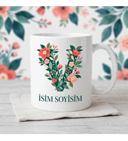 Kişiye Özel Baş Harf ve İsim Yazılı Çiçek Motiflili V Harfli Seramik Kupa Bardak