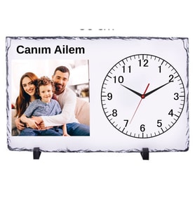 Kişiye Özel Fotoğraflı Doğal Taş Masa Saati 25x38 cm – Aile Temalı Dekoratif Saat