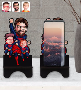 BK Gift Kişiye Özel Süper Baba 2 Çocuk Karikatürlü Ahşap Biblo Telefon Standı-1