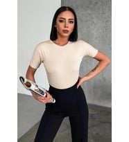 Rahat Ve Şık Kısa Kollu Bisiklet Yaka Likralı Viskon Penye Body Bej