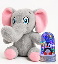 Sevimli Peluş Fil ve Renkli LED Işıklı Penguenli Fanus Hediye Seti