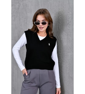 Kadın V Yaka Nakışlı Oversize Basic Triko Sweater