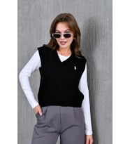 Kadın V Yaka Nakışlı Oversize Basic Triko Sweater (Siyah)
