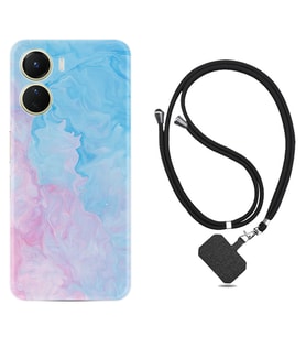 Vivo Y16 Kılıf Resimli Boyun Askılı İpli Desenli Silikon Pink Blue Abstract 1385