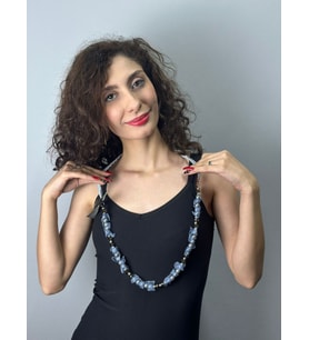 AÇIK MAVİ BONCUKLU KURDELALI KADIN KOLYE BOY 45 CM