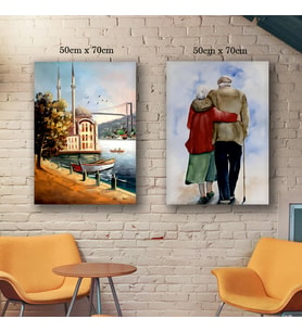 yaşlı çift eş ve ortaköy manzara tablo resim kanvas 2 adet 50x70