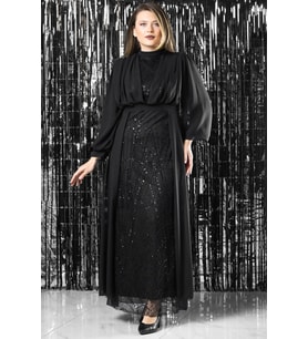 İşleme Detaylı Şifon Abiye Elbise Siyah FHM954