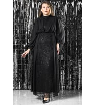 İşleme Detaylı Şifon Abiye Elbise Siyah FHM954