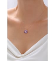 Gümüş Kalpli Lotus Çiçeği Kolye  925 Ayar Gümüş Kolye (Mor)