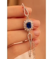 Kadın Gümüş Bileklik - Safir Taşlı Kare Model Zirkon Süslemeli Kadın Bileklik