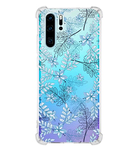 Huawei P30 Pro  Köşe Korumalı Antişok Kapak Floral Mavi Tasarımlı Şeffaf  Kılıf