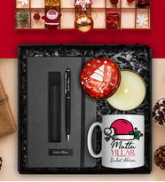 Yılbaşına Özel Defter & Deri Kılıflı Touch Pen Kalem & Özel Tasarım Kupa & Özel Tasarım Mum Hediye Seti (Kırmızı)