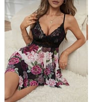 Night Dantelli Dijital Menekşe Çiçek Baskılı Asimetrik Kesim Mini Gecelik/Babydoll-3692 (Çok Renkli)