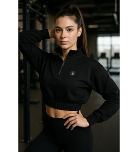 Kadın Fermuar Yaka Detaylı Crop Lastikli Rahat Kalıp Sweatshirt