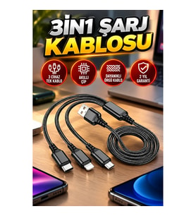 Metal Başlıklı 3’ü 1 Arada Şarj Kablosu – Akıllı Çipli Çoklu Cihaz Uyumu